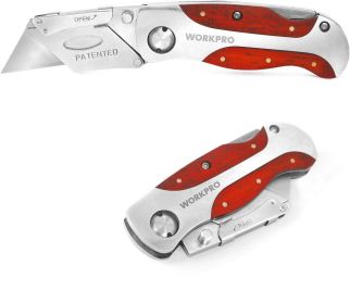 Quick-Change Utility Knife, Classical Retro Style Wood Grain Handle, Back Lock Folding Knife with Clip
