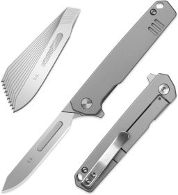T058 Folding Scalpel Knife, 3.6'' Titanium alloy handle, with 10pcs #60 Stainless Steel Blade, Utility EDC Pocket Knife with Back Clip 1.4oz (Color: T058 #4)