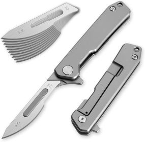 T058 Folding Scalpel Knife, 3.6'' Titanium alloy handle, with 10pcs #60 Stainless Steel Blade, Utility EDC Pocket Knife with Back Clip 1.4oz (Color: T034 #4)